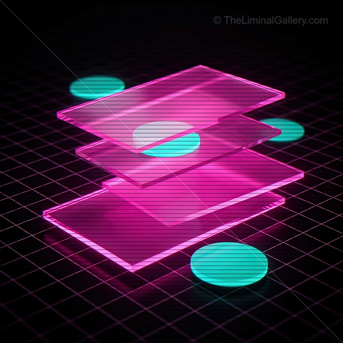 Neon shapes float above a grid, vibrant glow and retro vibes create a synthwave dreamscape at twilight
