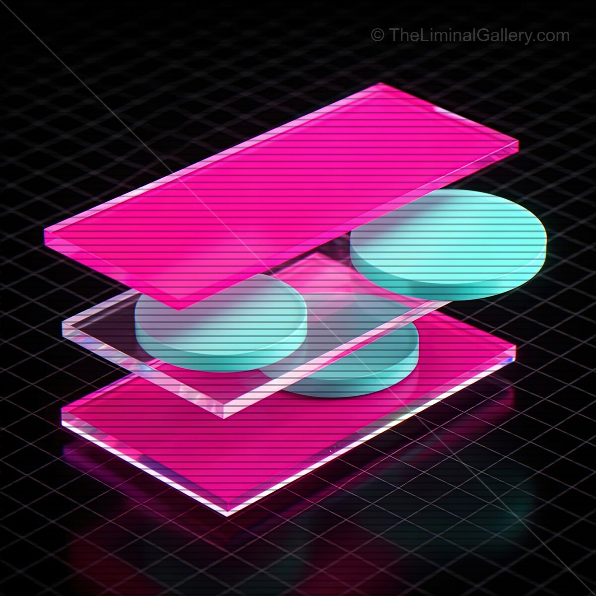 Vivid synthwave glass shapes with vibrant colors and nostalgic VHS lines creating a futuristic digital landscape