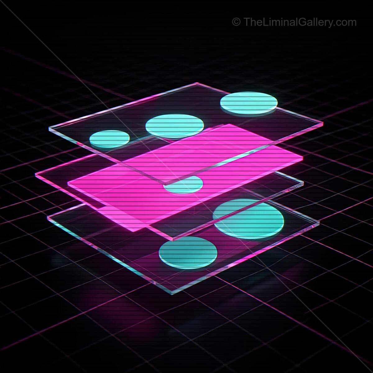 Vivid synthwave shapes with glowing glass layers and retro VHS lines create a dynamic fusion of art and technology at night