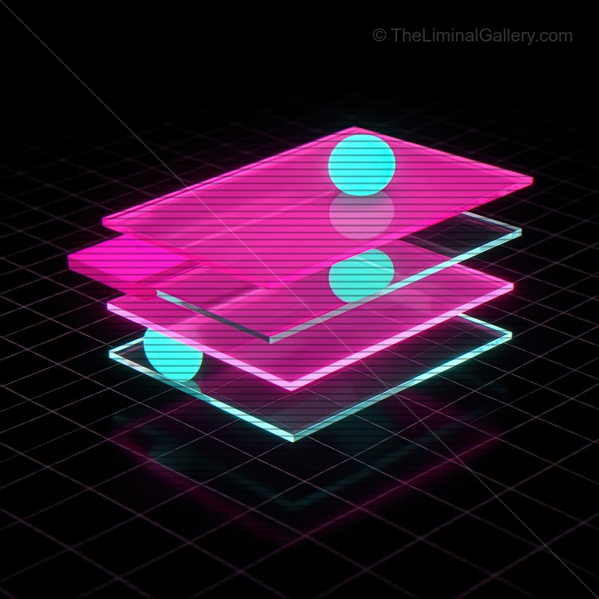 Colorful synthwave glass shapes create a futuristic vibe with VHS lines in a dark setting
