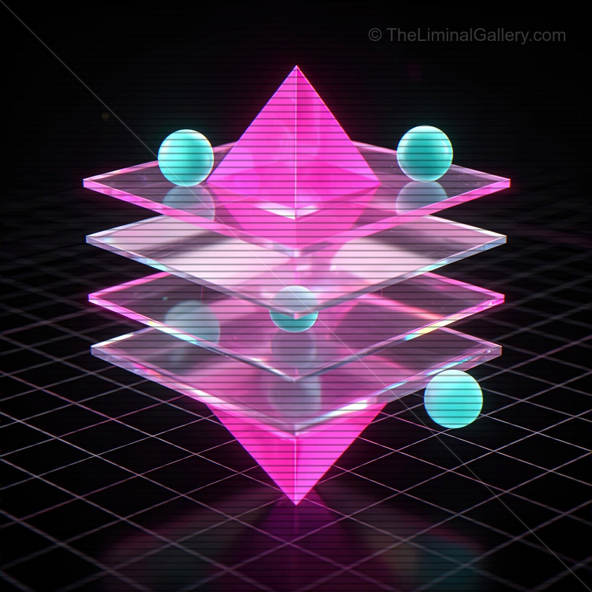 Vivid synthwave glass shapes with VHS lines create a mesmerizing digital landscape at twilight