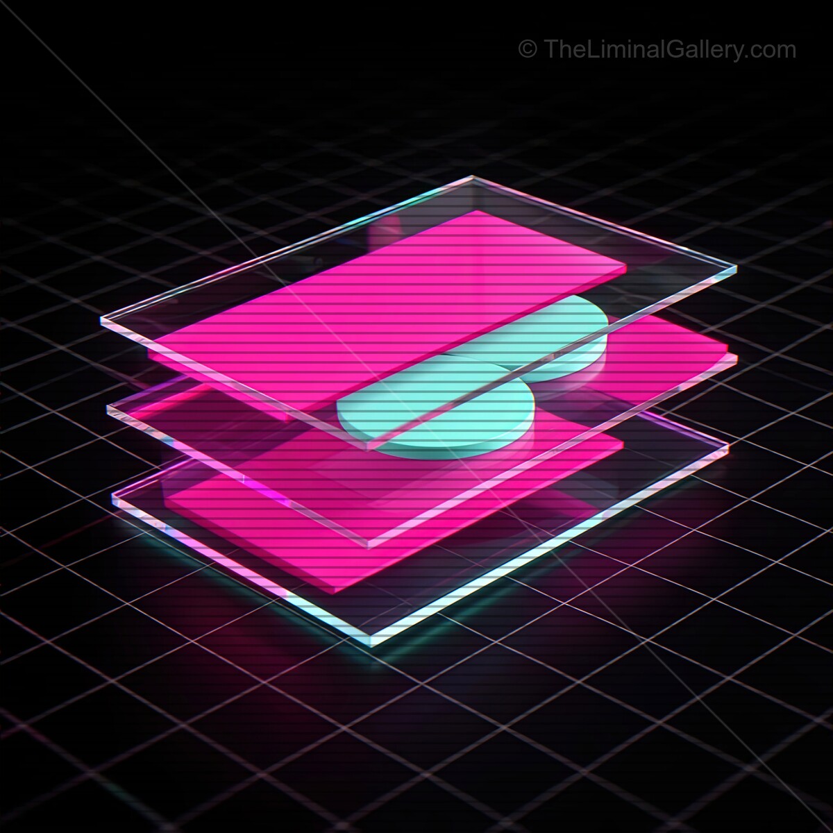 Vibrant synthwave glass shapes with retro VHS lines creating a futuristic scene in a dark setting