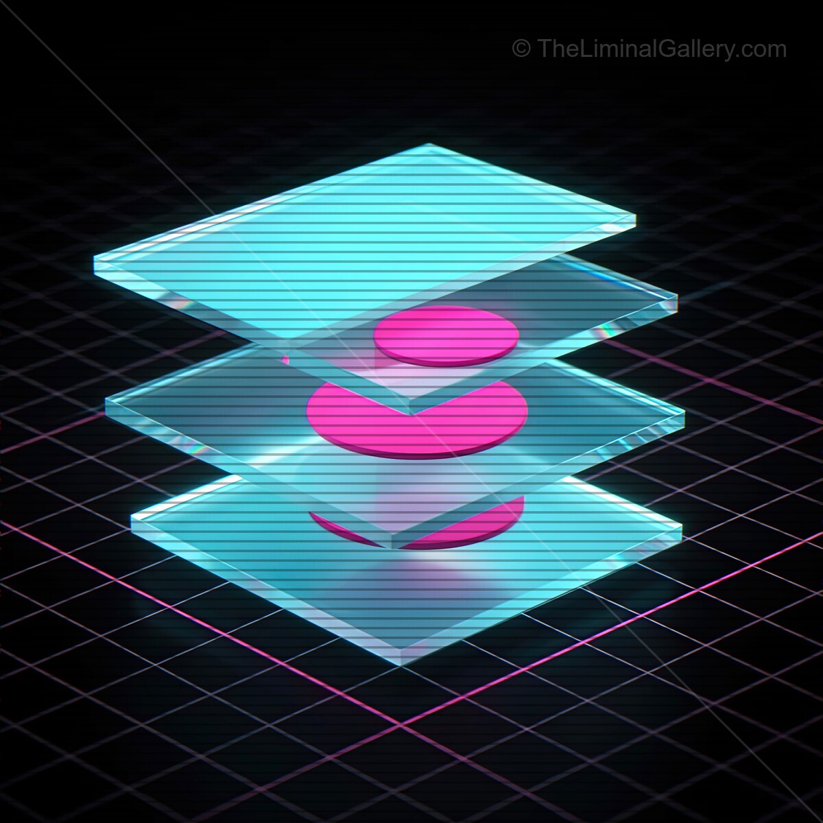Futuristic synthwave glass shapes with vibrant VHS lines creating a neon dreamscape