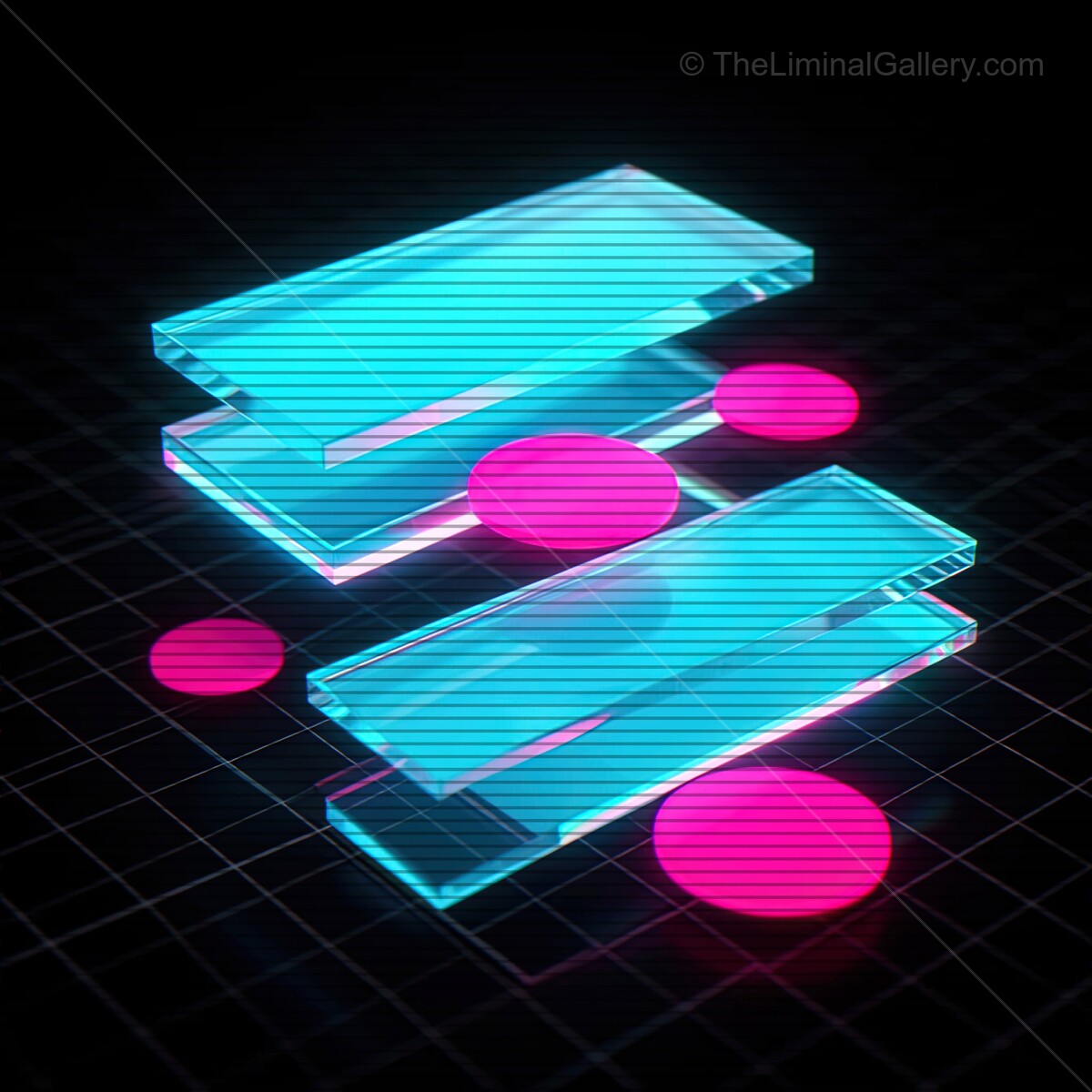 Vibrant synthwave glass shapes with vivid colors and retro VHS lines create a mesmerizing digital atmosphere