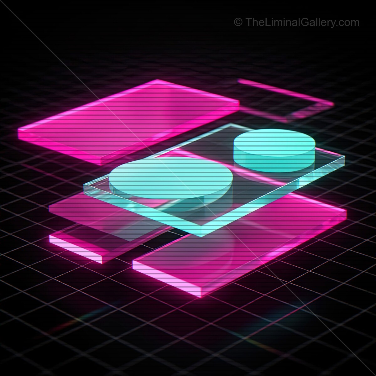 Futuristic synthwave shapes with glass accents and retro VHS lines capturing a nostalgic digital landscape