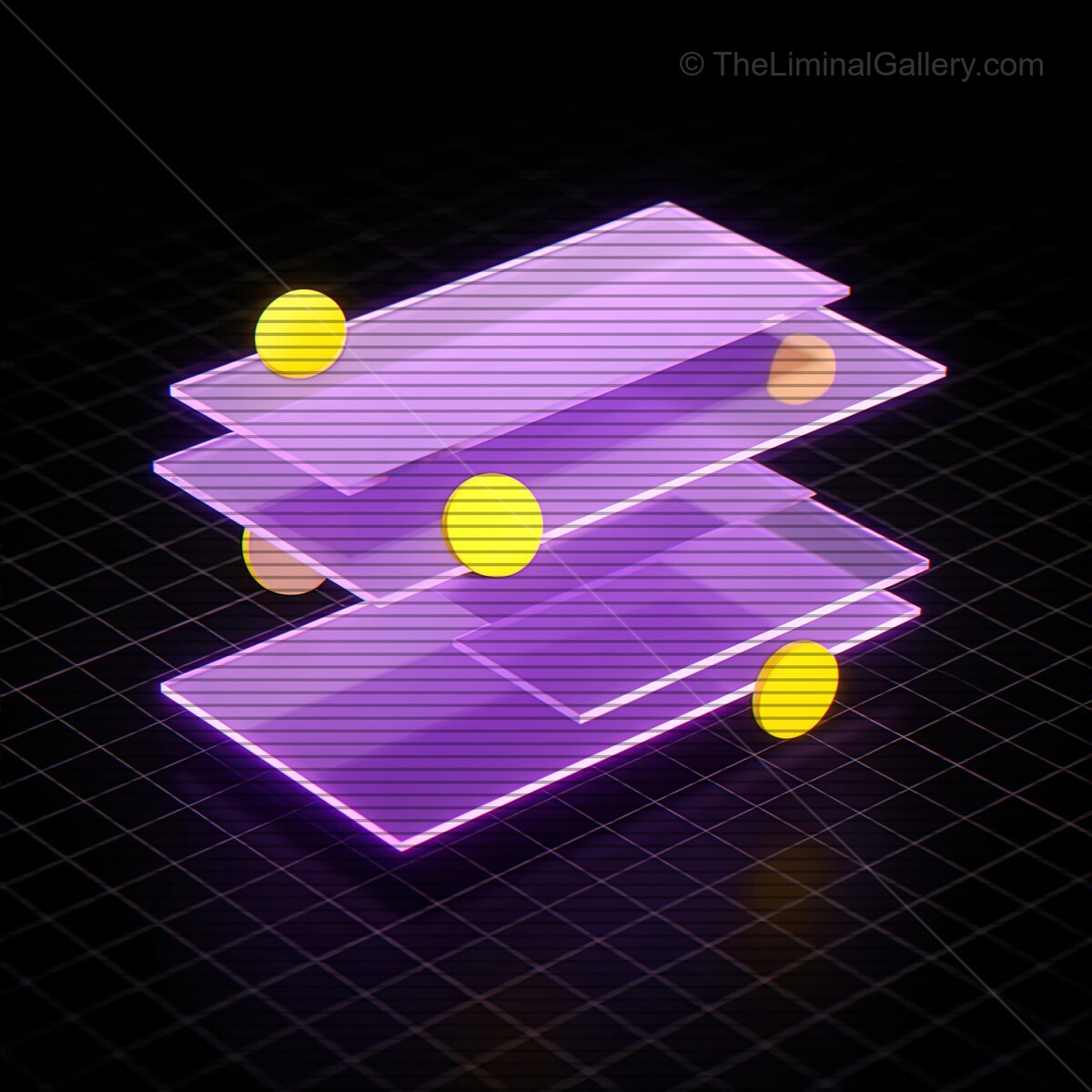 Dynamic synthwave glass shapes with glowing elements creating a futuristic visual experience in a dark space