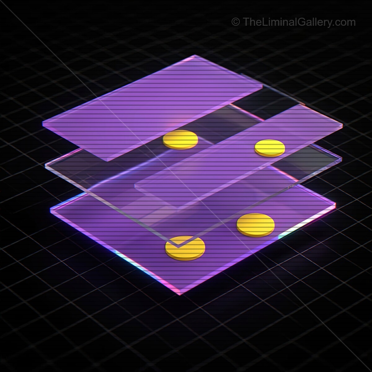 Vivid synthwave glass shapes with textured VHS lines create a dreamlike digital landscape under neon lights