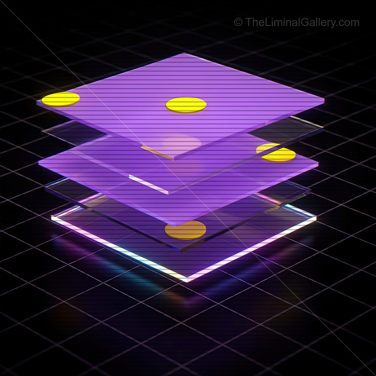 Vibrant synthwave glass shapes with VHS lines create a surreal and captivating digital landscape at night