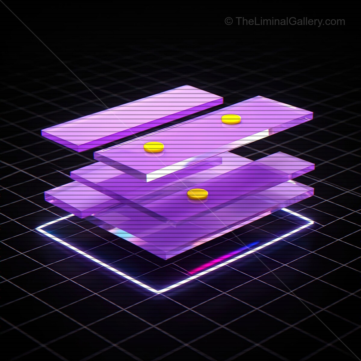 Vibrant synthwave glass shapes with retro VHS lines glowing in a digital grid at night