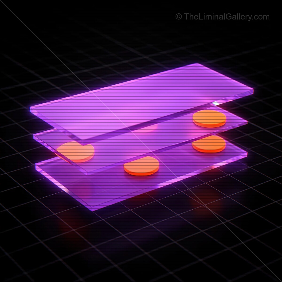 Vibrant synthwave glass shapes cast in neon hues echo the retro-futuristic aesthetic with VHS lines illuminating the dark background