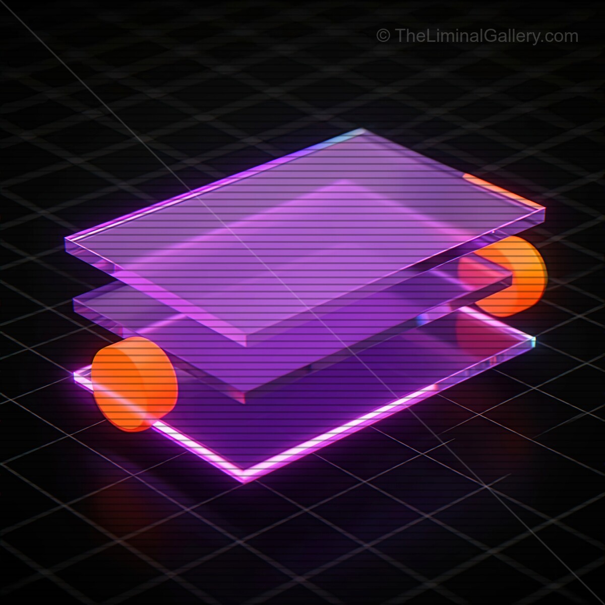Vibrant synthwave glass shapes glimmer under VHS lines in a retro-futuristic display