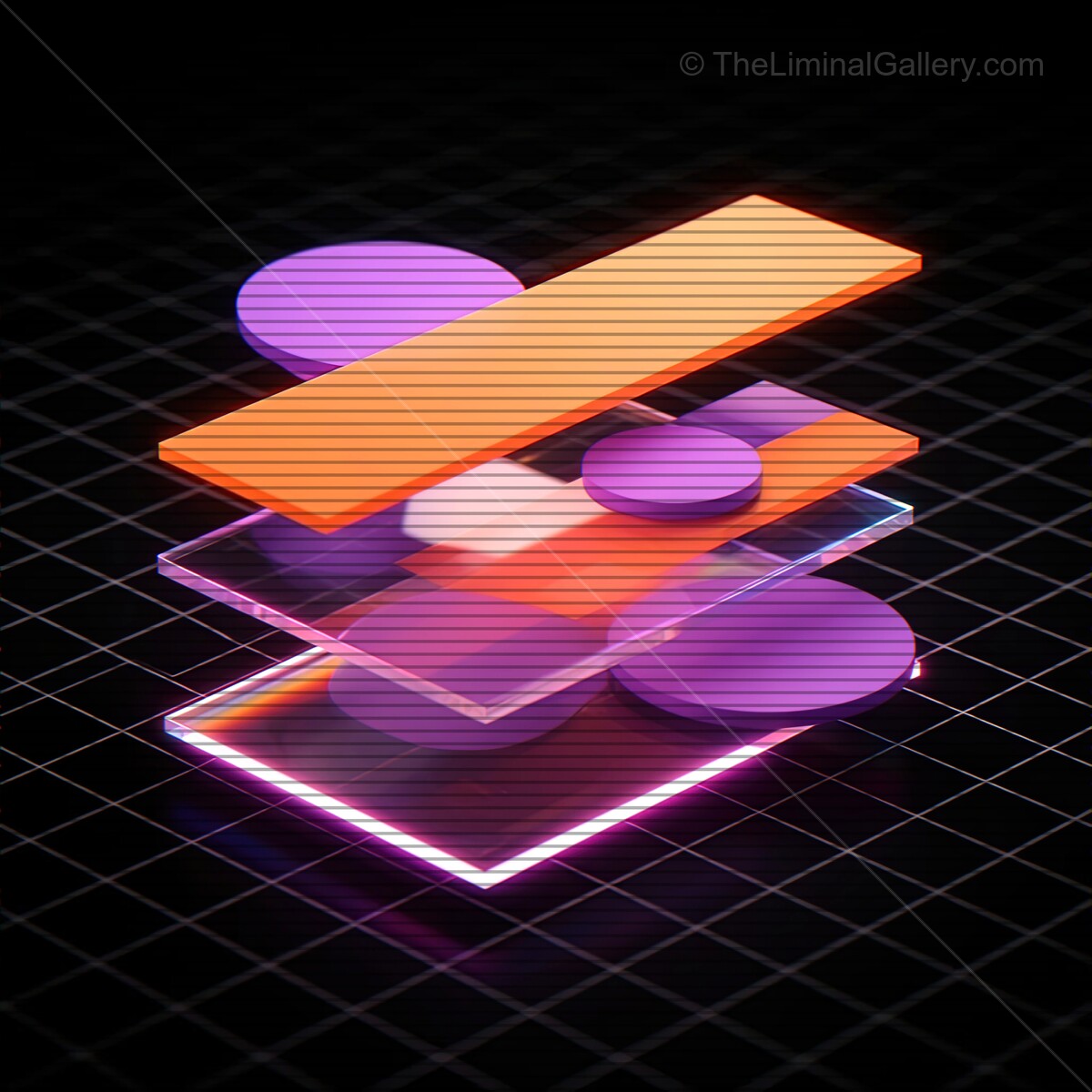 Floating geometric shapes in vibrant synthwave colors with retro VHS lines amidst a dark digital landscape