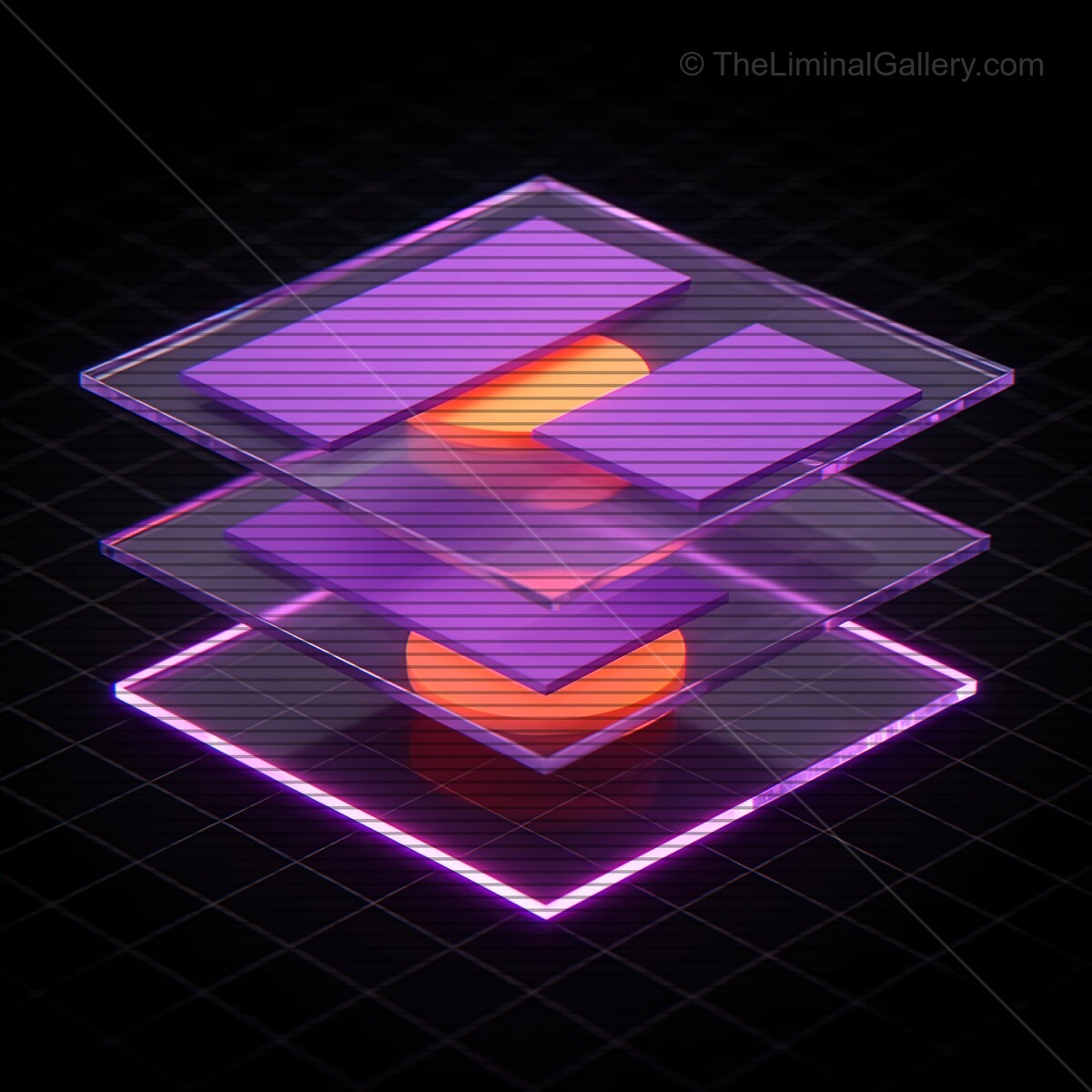 Vibrant synthwave glass shapes with VHS lines create a mesmerizing visual in a futuristic space at twilight