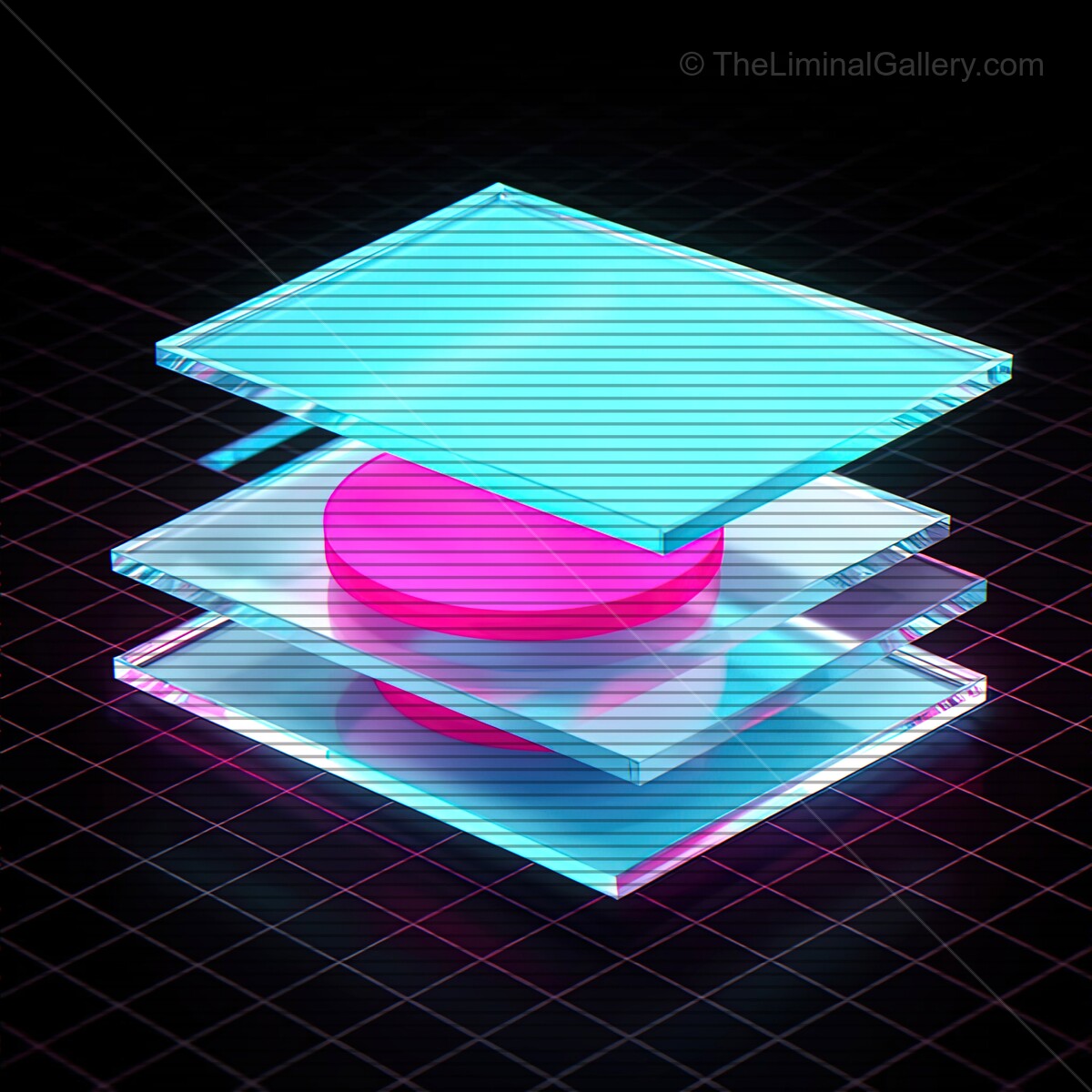 Vibrant synthwave inspired glass shapes with VHS lines floating in a neon-lit digital space at night