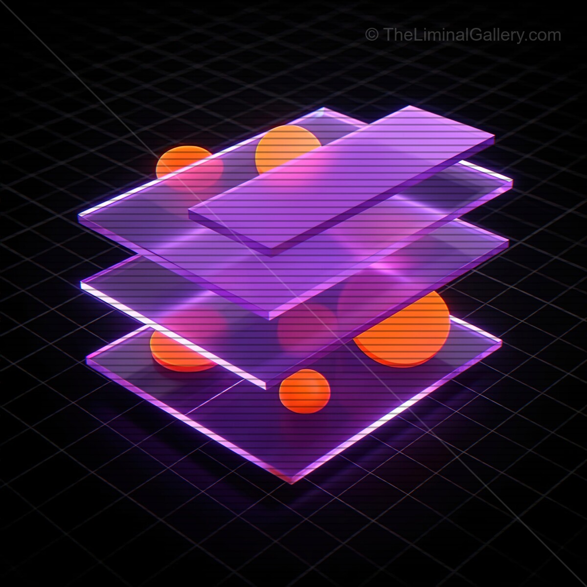 Vibrant synthwave glass shapes with VHS lines creating an imaginative neon scene in a digital universe