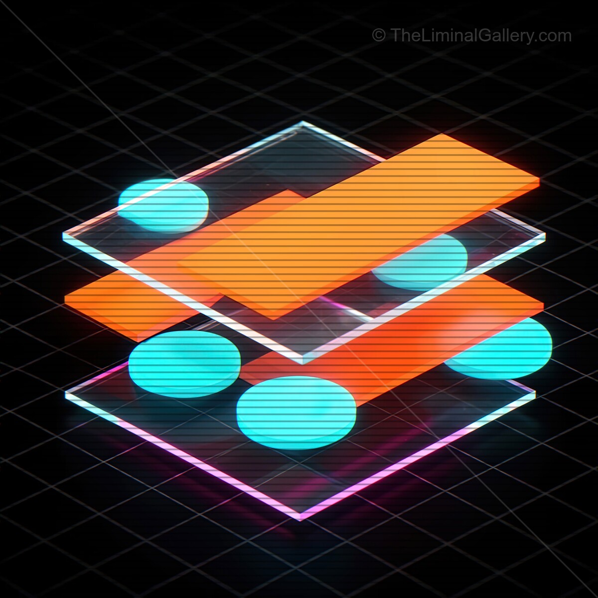 Colorful synthwave shapes create a retro futuristic vibe with glowing lines and geometric forms in a dark setting