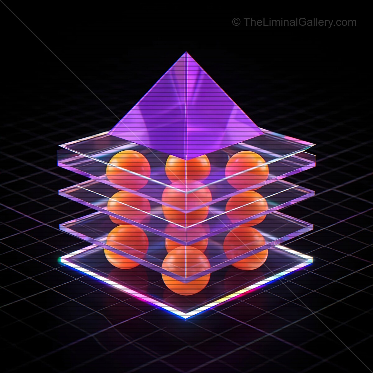 Colorful synthwave pyramid structure with glass layers and vibrant spheres creating an ethereal atmosphere
