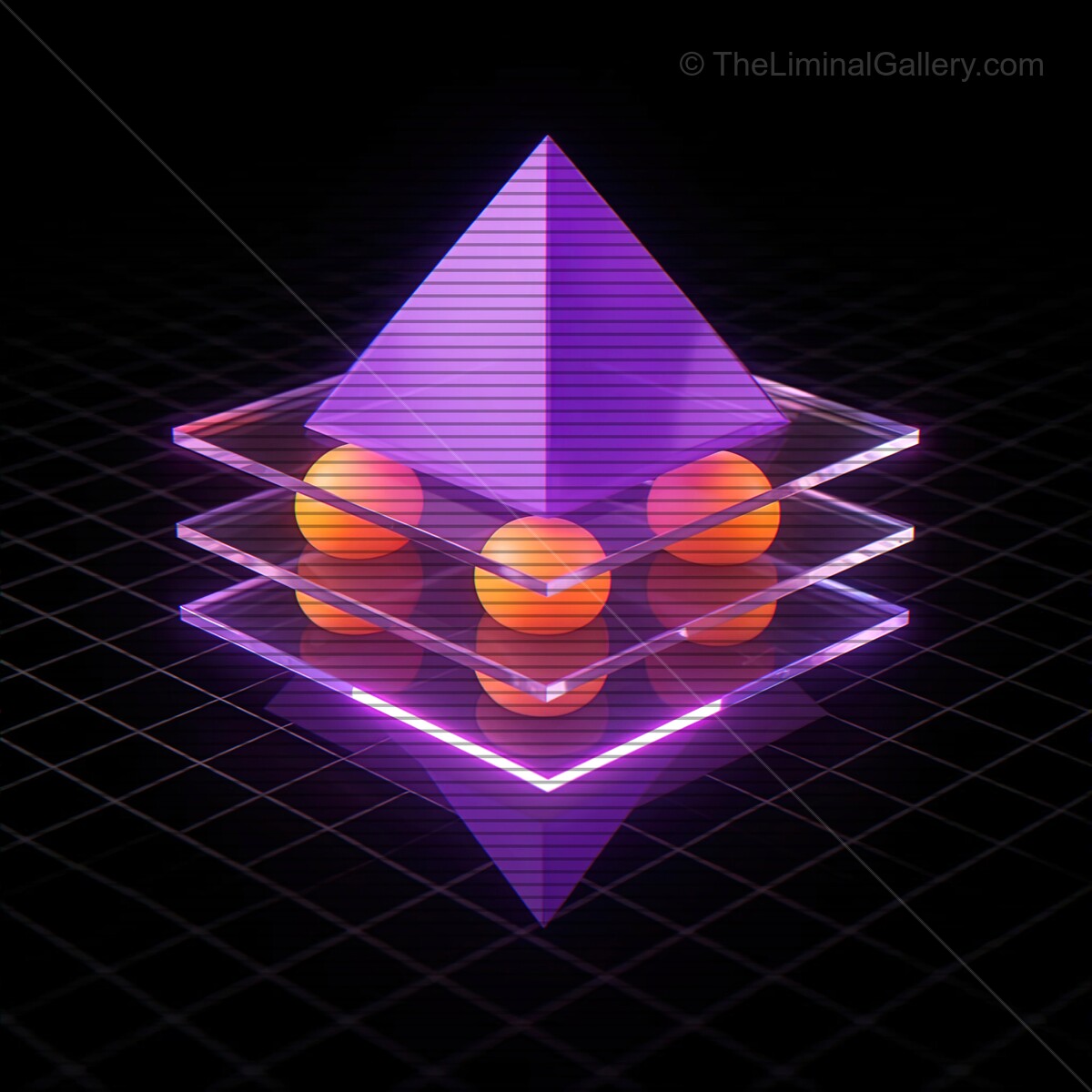 Captivating synthwave composition featuring geometric glass shapes with vibrant colors and retro VHS lines in a futuristic setting at night