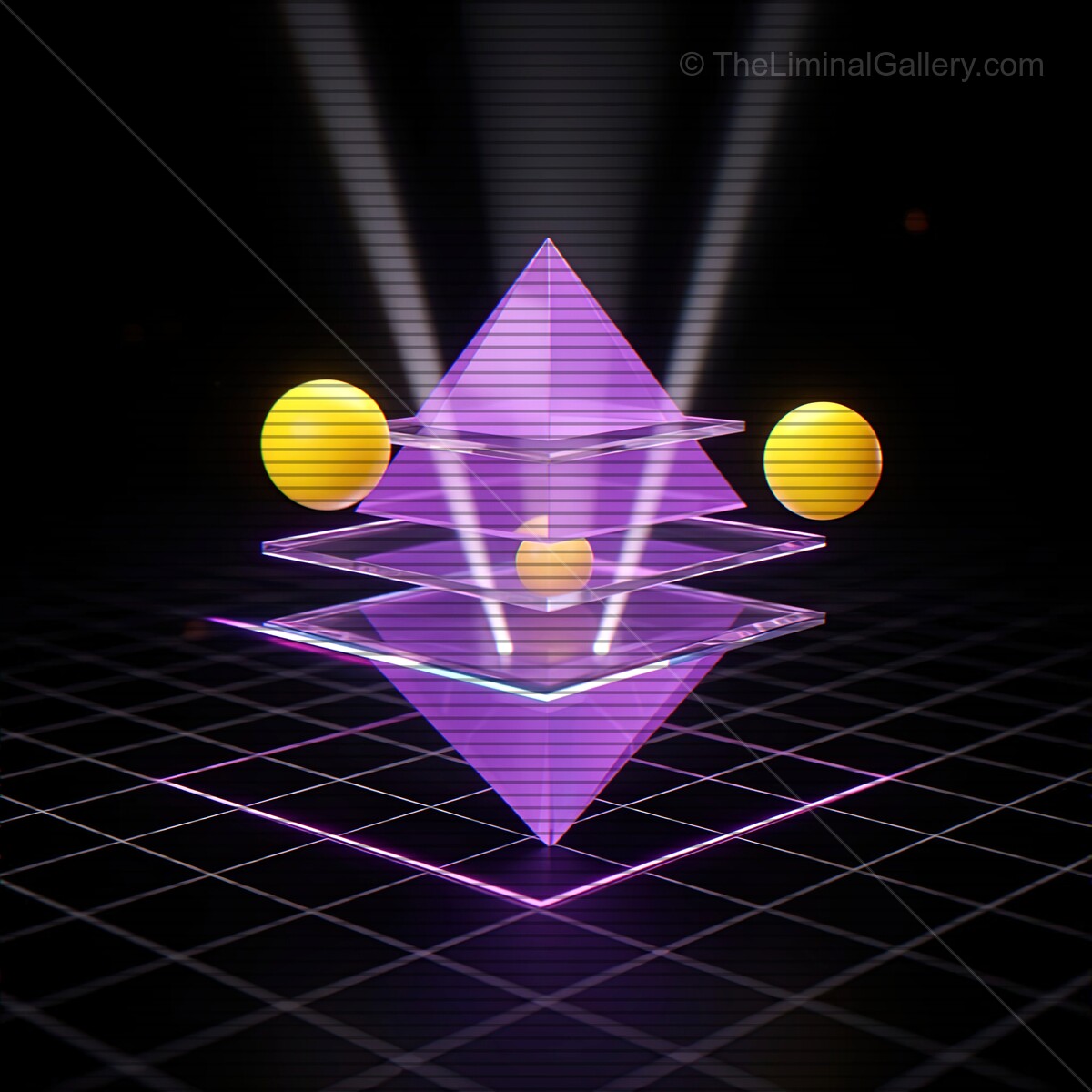 Vibrant synthwave glass shapes illuminated by neon lights and reflective VHS lines in a digital landscape