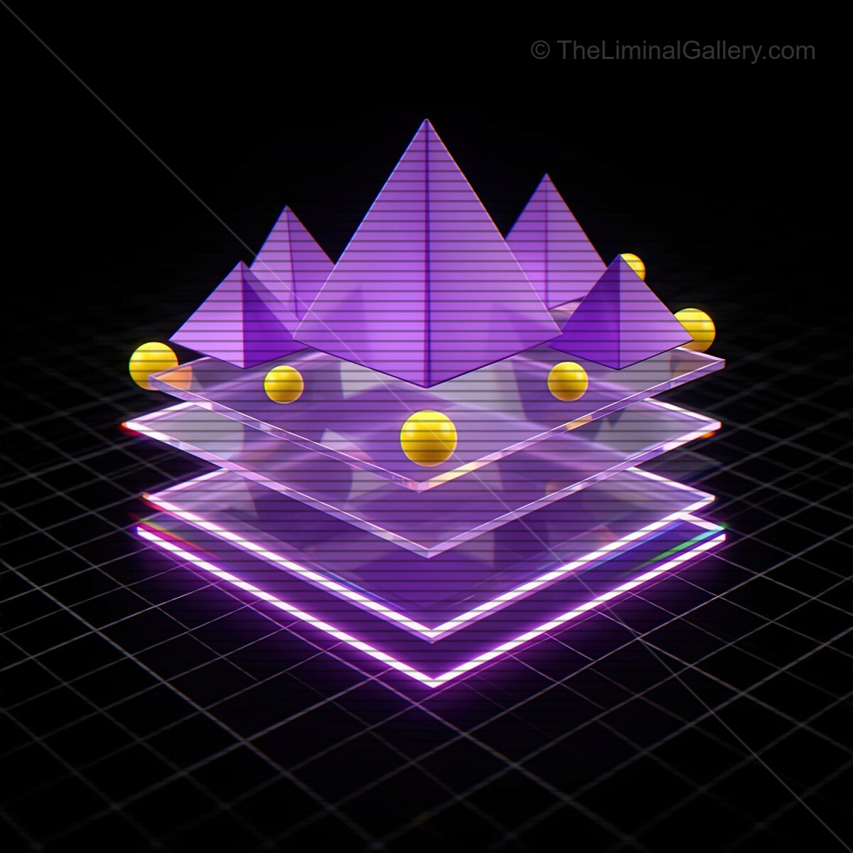 Explore vivid synthwave geometry with glass shapes and vibrant VHS lines in a captivating digital world at night