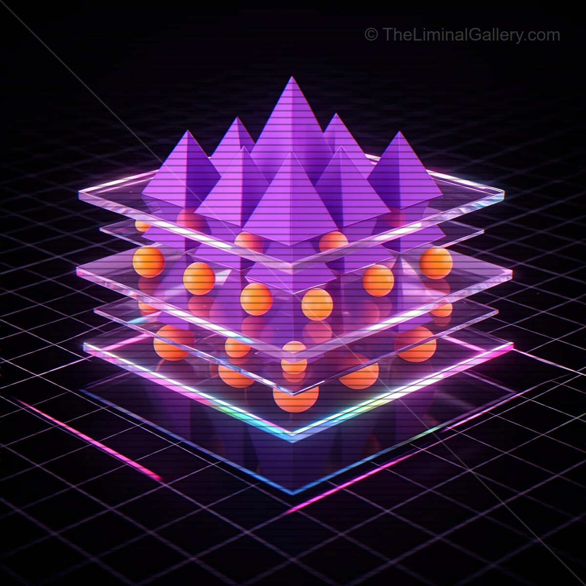 Vibrant purple pyramids and glowing spheres combine in a synthwave inspired visual delight reminiscent of retro VHS aesthetics