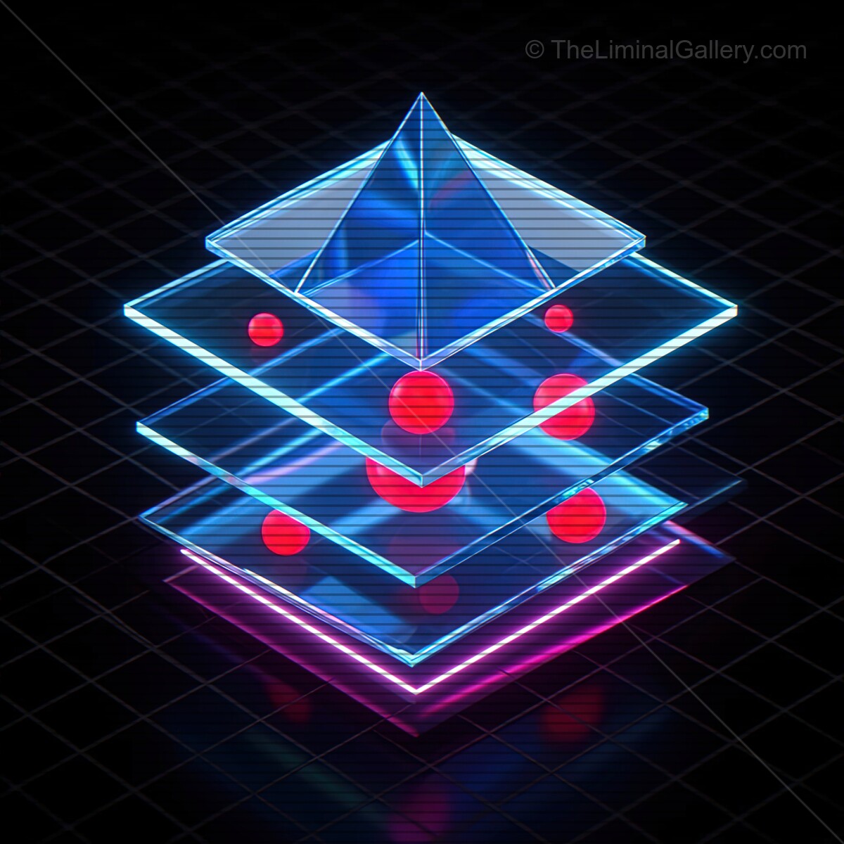 Vibrant synthwave shapes create a mesmerizing display of light and geometry in a futuristic digital landscape