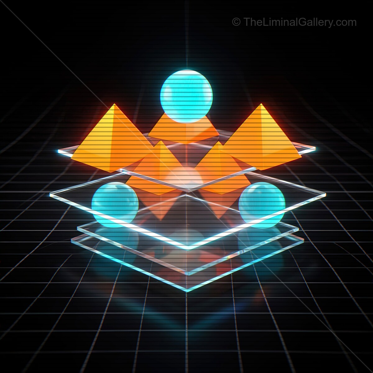 Vivid layers of synthwave shapes with vibrant glass and VHS lines create a stunning digital landscape at night