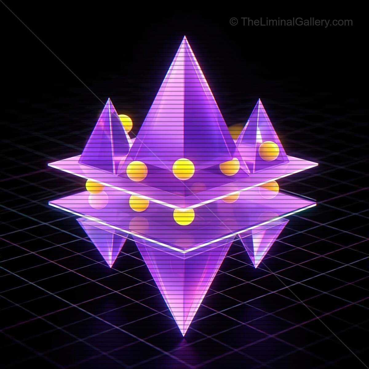 Vivid synthwave pyramid shapes glow with nostalgic VHS lines in a digital nightscape