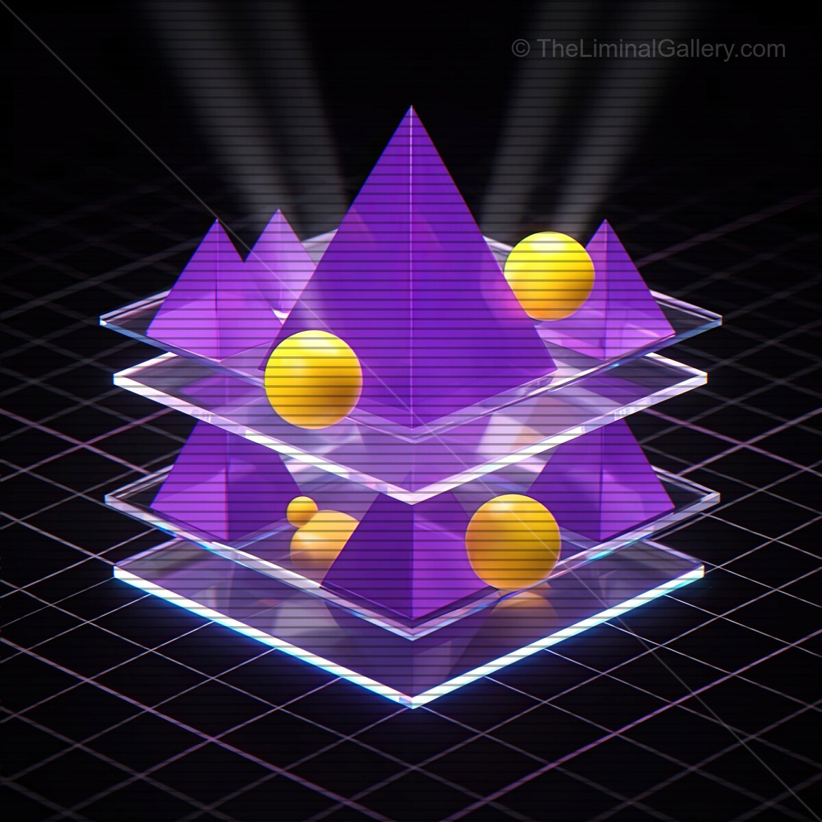 Pyramid shapes and glowing spheres create a vibrant synthwave landscape with dynamic VHS lines