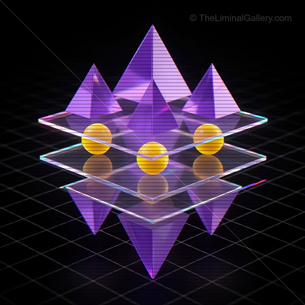 Vibrant synthwave shapes rise from a digital grid, creating a mesmerizing display of purple pyramids and glowing spheres