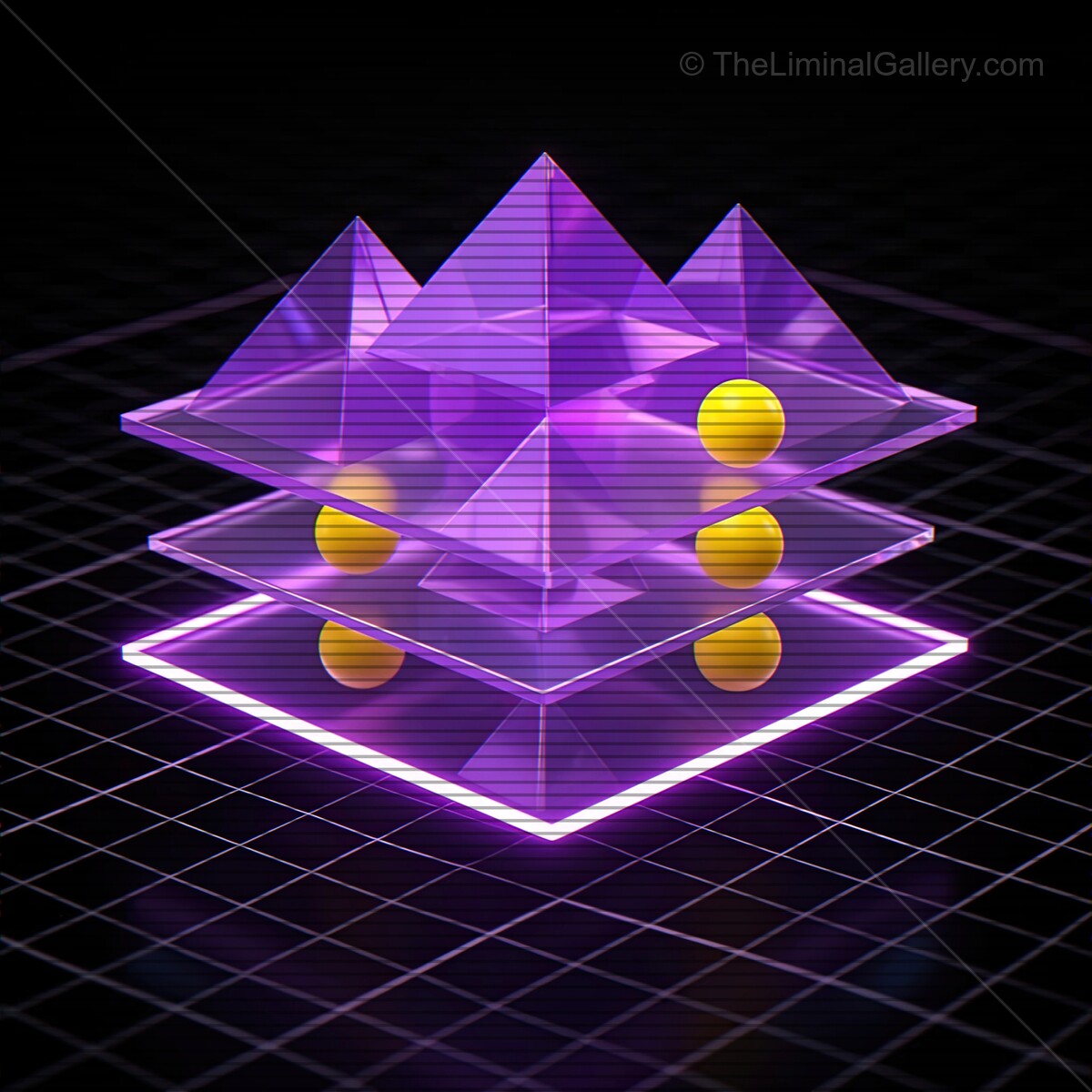 Bright purple glass shapes rise in layers, showcasing a stunning synthwave aesthetic with a nostalgic VHS vibe and intriguing geometric designs