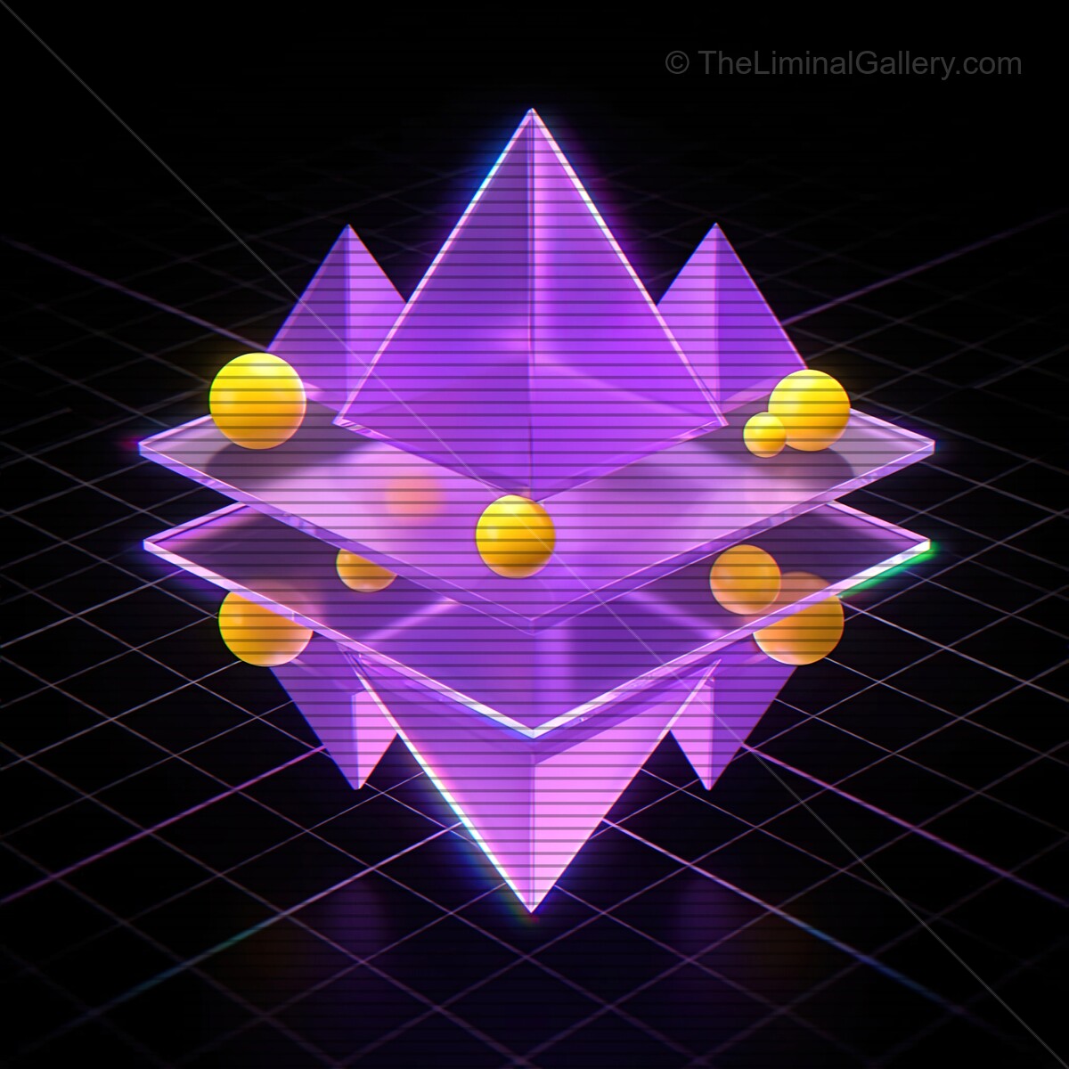 Vibrant synthwave glass shapes radiate with VHS lines in a cosmic digital landscape