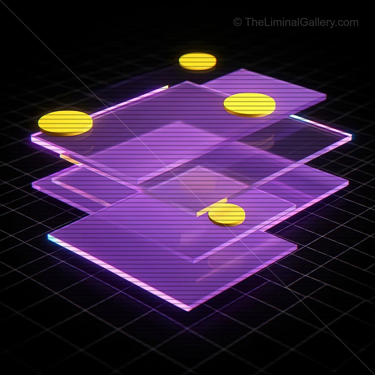 Glowing synthwave glass shapes with vibrant yellow accents create a retro-futuristic vibe on a dark grid background