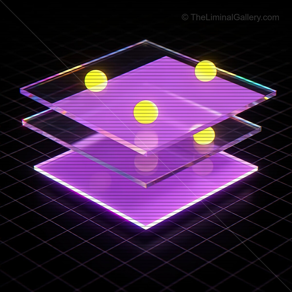 Synthwave glass shapes create a vibrant landscape with VHS lines illuminating the scene at night