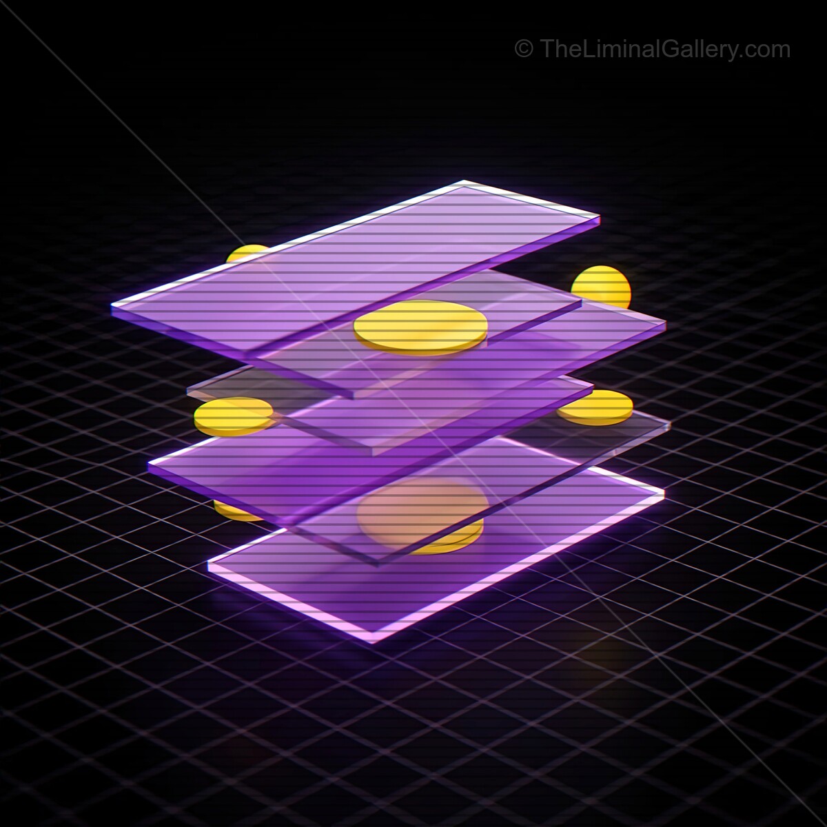 Dynamic synthwave shapes with vibrant glass layers and VHS aesthetics creating a neon dreamscape