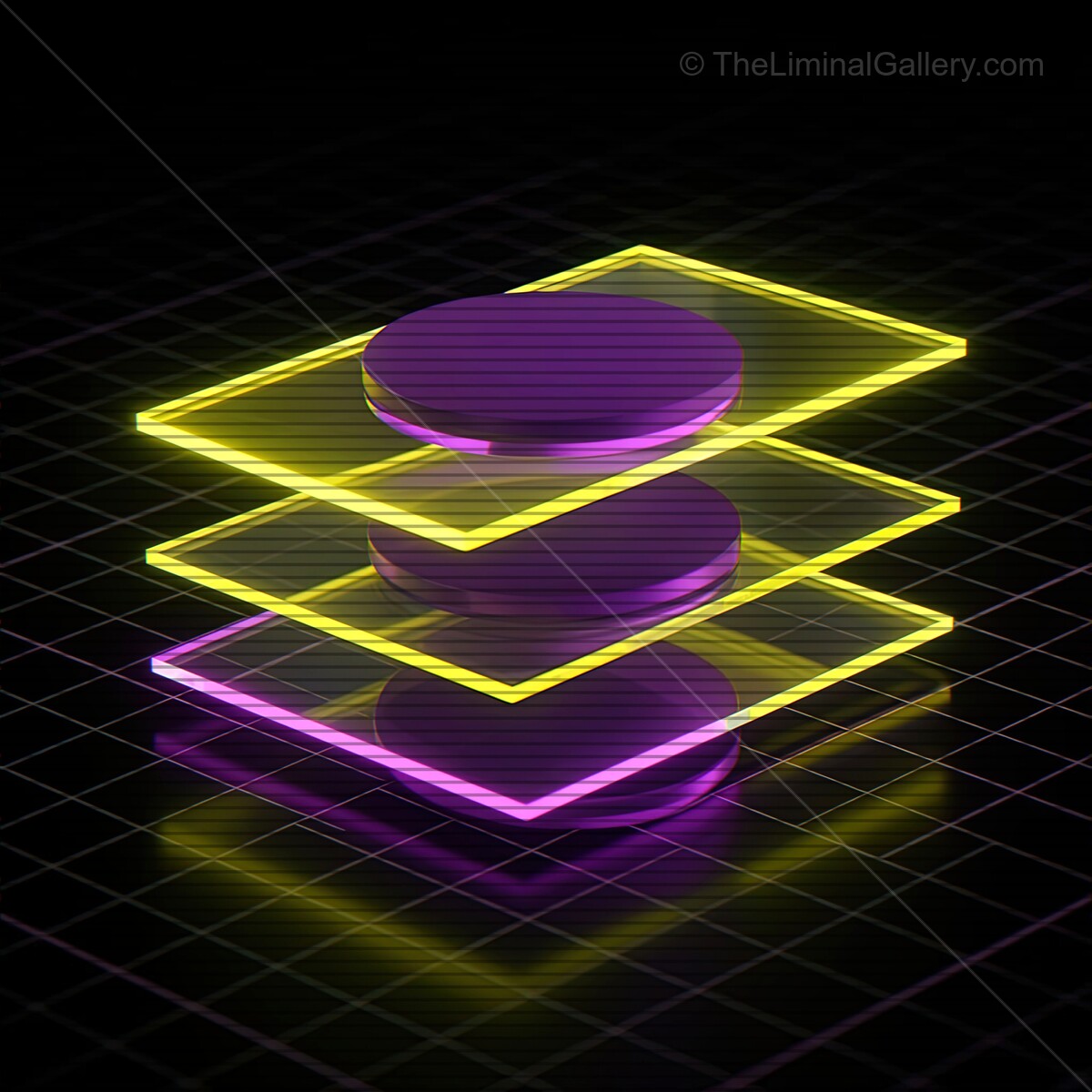 Mesmerizing synthwave glass shapes illuminated by vibrant neon colors in a retro digital world