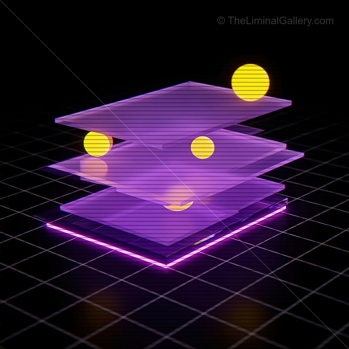 Vibrant synthwave glass shapes with VHS lines radiate energy in a digital realm of neon hues and glowing spheres