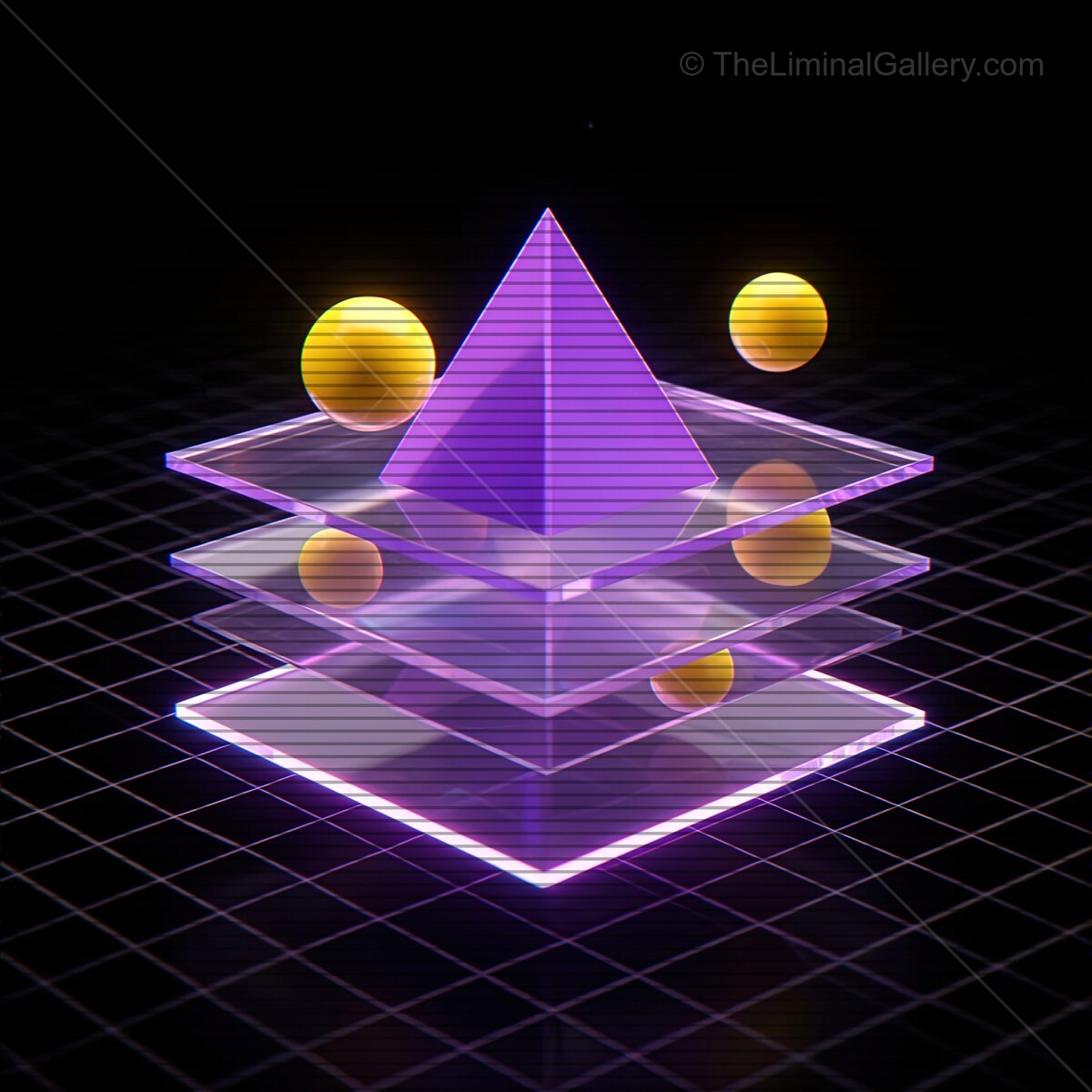 Synthwave inspired glass shapes with vibrant VHS lines create an otherworldly atmosphere in a digital dreamscape