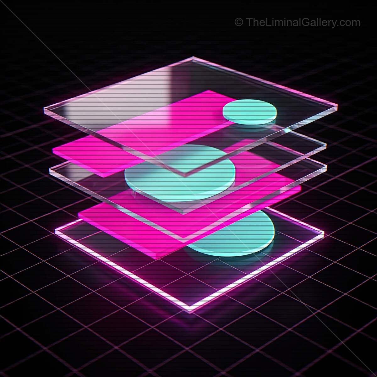 Vibrant synthwave glass shapes glowing with retro VHS lines at night