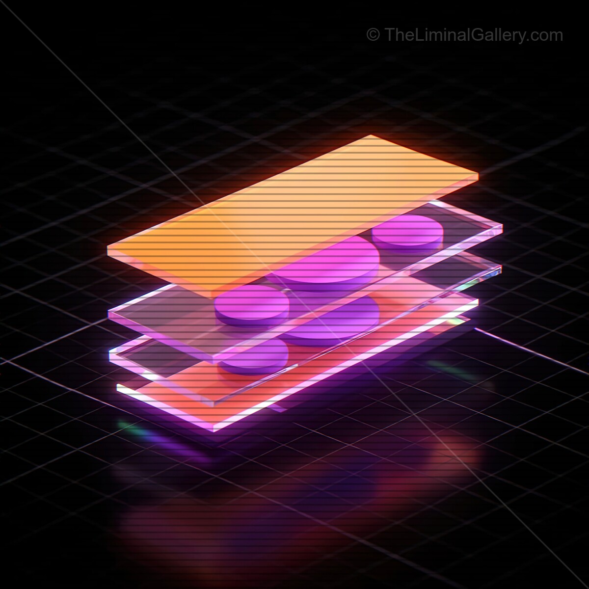 Vibrant synthwave shapes float in a neon-lit space, echoing retro aesthetics with VHS lines and glowing colors