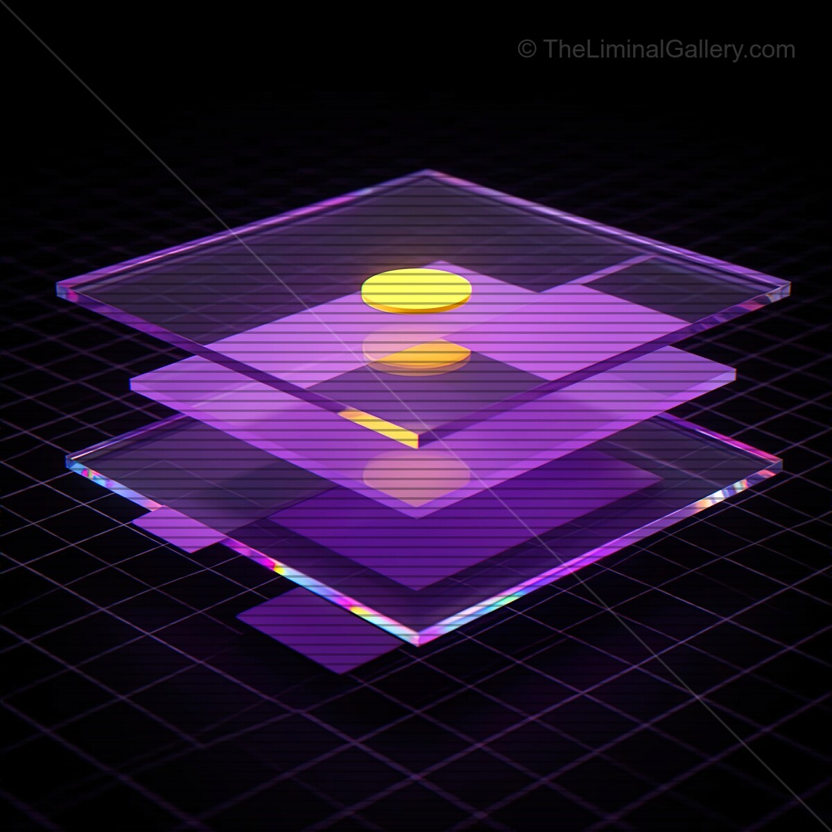 Vibrant synthwave glass shapes with VHS lines creating a retro futuristic aesthetic in a dark digital space