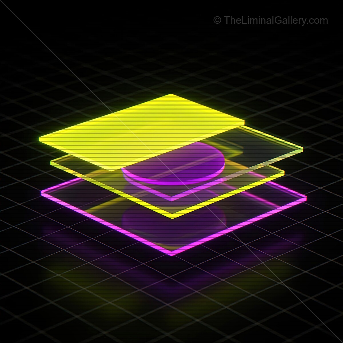 Synthwave-inspired glass shapes with glowing vhs lines create a vibrant digital dreamscape in a darkened space