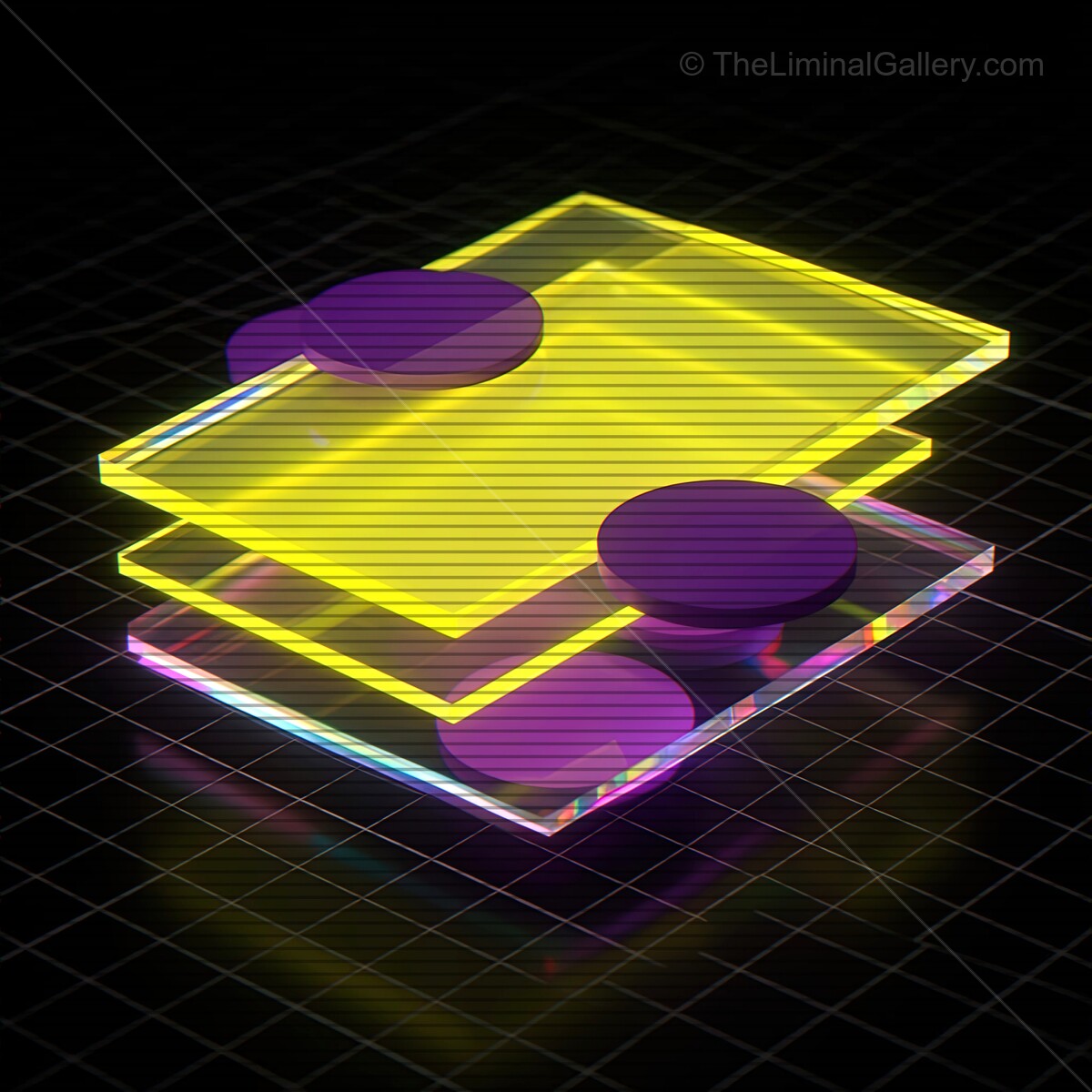 Vibrant synthwave glass shapes with VHS lines create an electrifying retro atmosphere