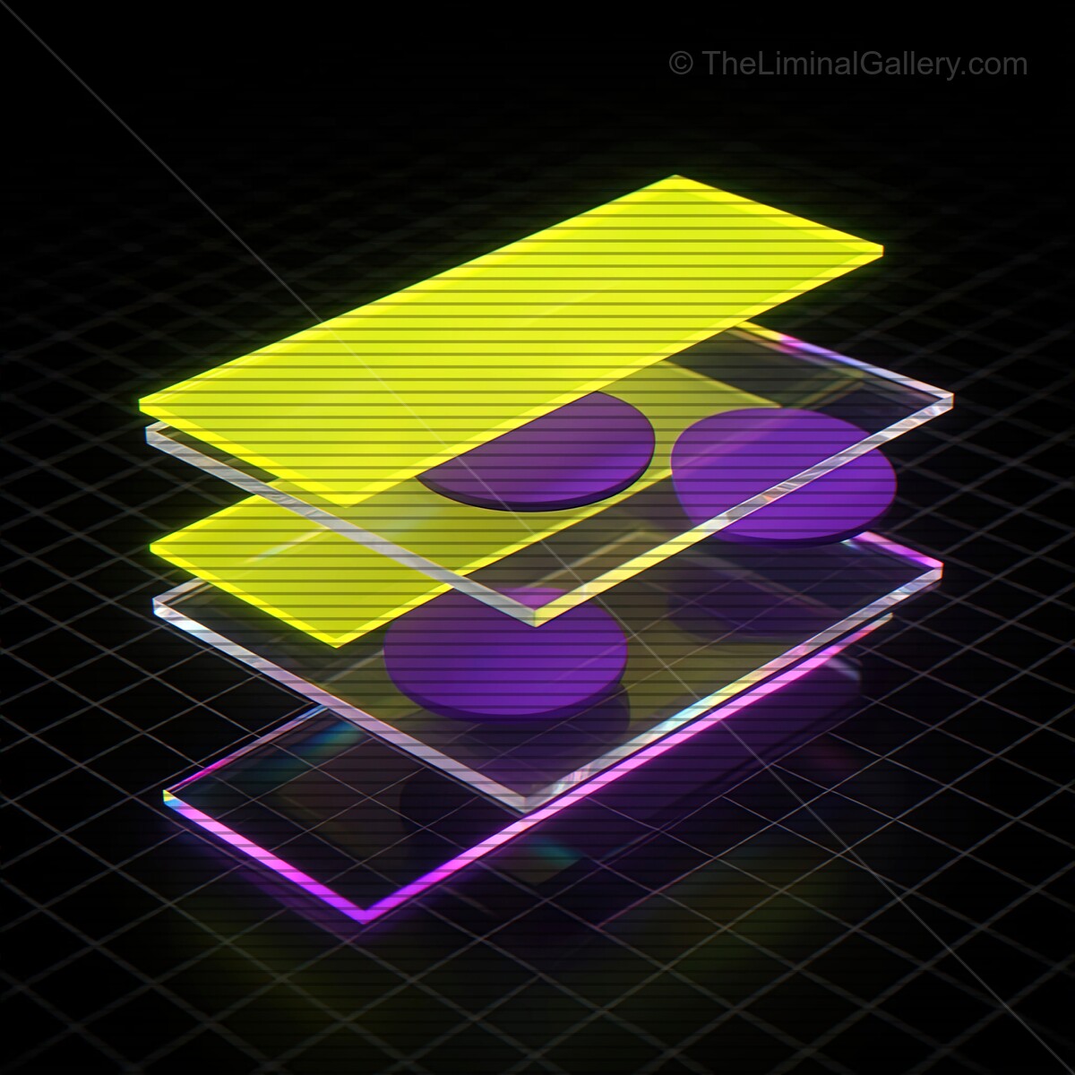Vivid synthwave glass shapes with neon hues and vintage VHS lines create a futuristic scene