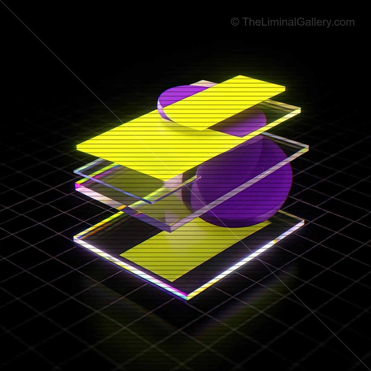 Vibrant synthwave shapes glow through vhs lines in a mesmerizing fusion of colors and geometric forms