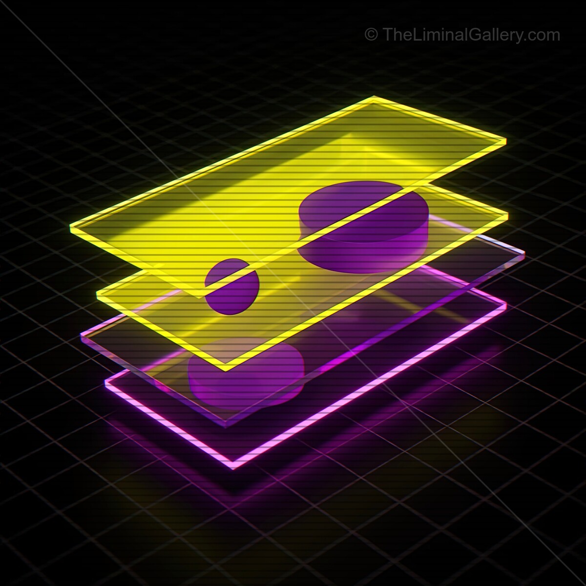 Vivid synthwave glass shapes with glowing lines and retro vibes in a futuristic setting