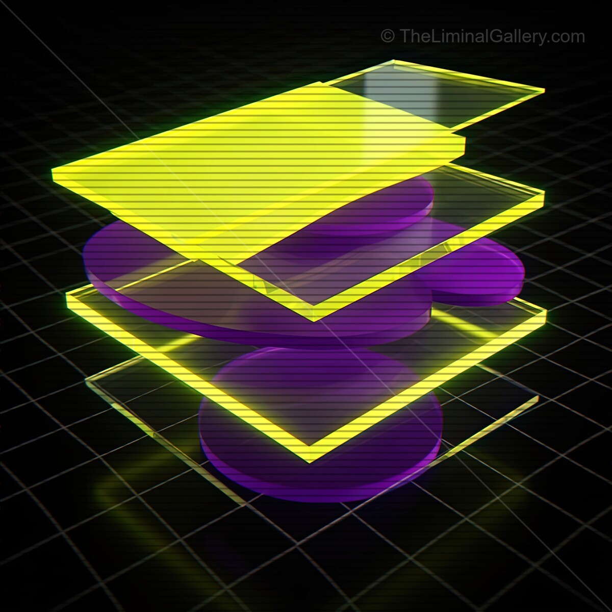 Shimmering synthwave glass shapes with vibrant vhs lines create a dreamlike digital landscape