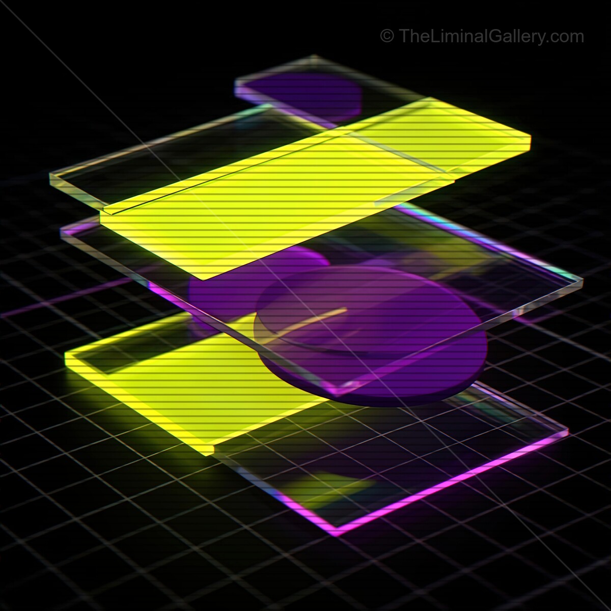 Vibrant synthwave glass shapes glowing against a dark background with stylish VHS lines creating a retro aesthetic