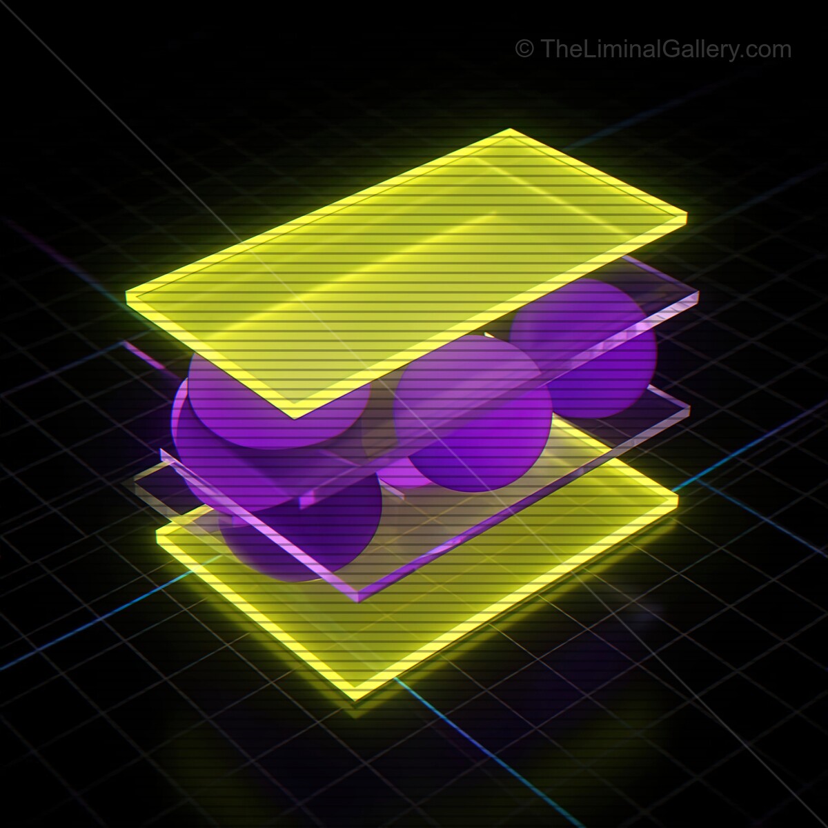 Visions of the future with synthwave glass shapes and VHS lines creating a neon dream world