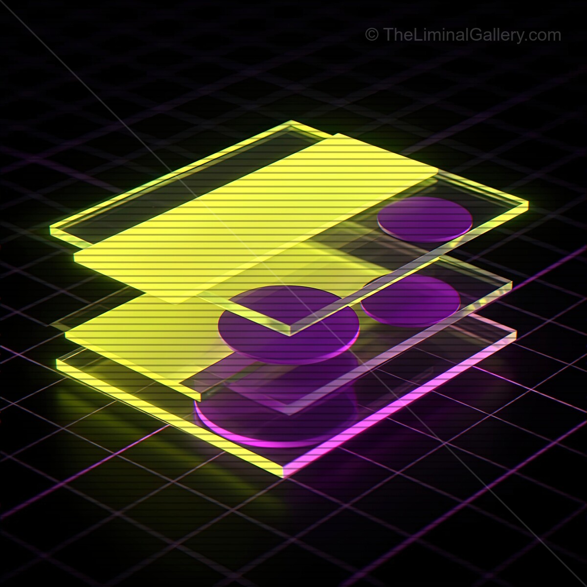 Synthwave inspired glass shapes with vibrant colors and VHS lines creating a retro futuristic ambiance